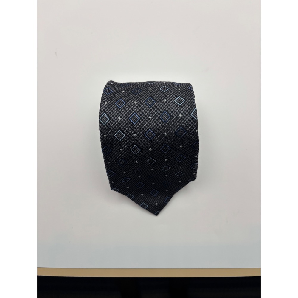 Pronto Uomo Mens Silk Necktie Charcoal Gray Blue Geometric Square Pattern Tie